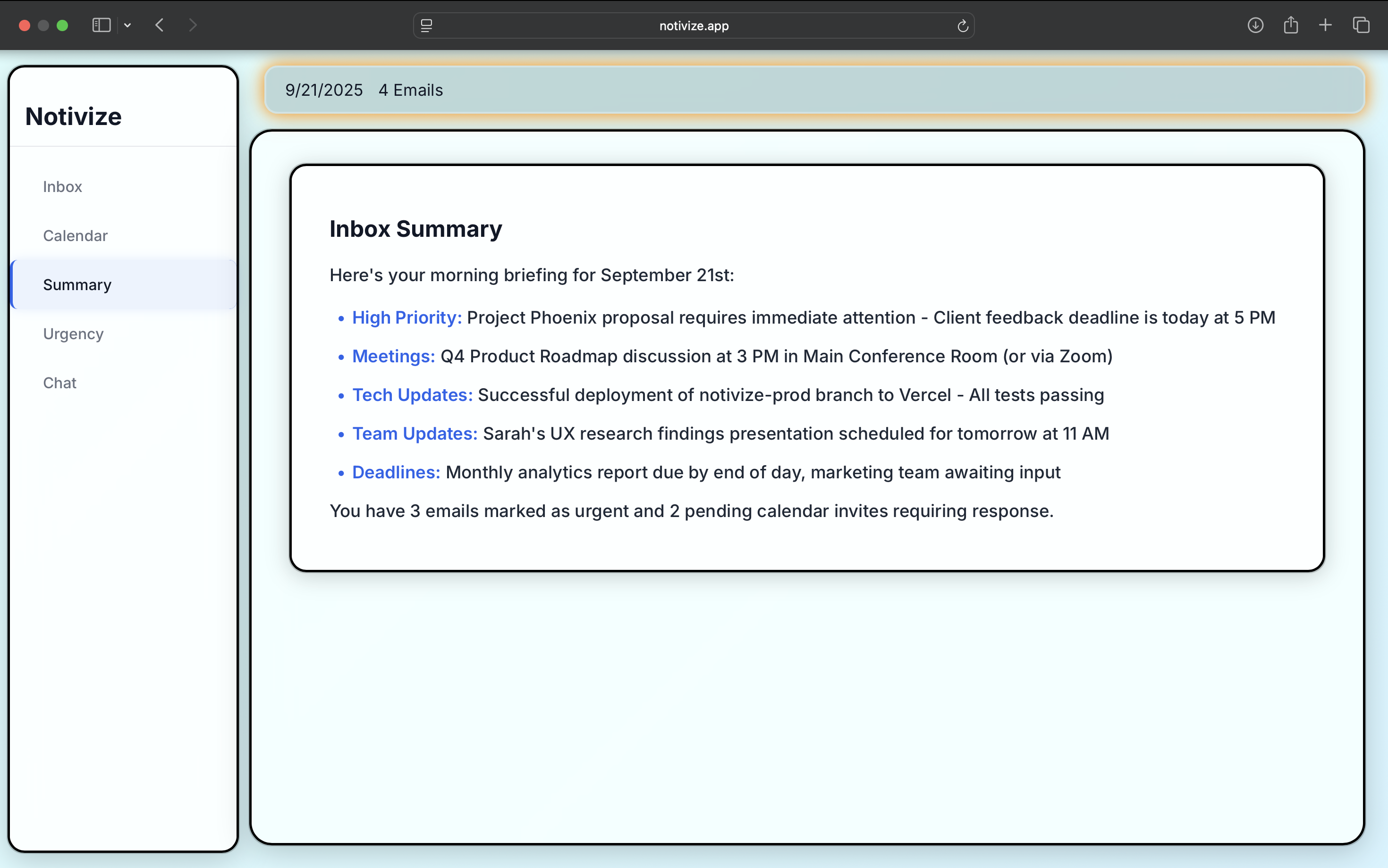 Email summary and key points